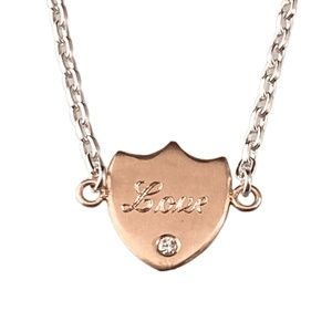 18” 18k Rose Gold 'Love' Shield Necklace with Diamond on Sterling Chain